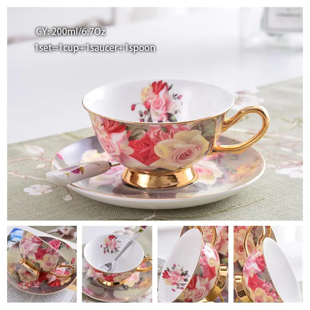 Taza de café de porcelana de hueso europeo, juego de cuchara y platillo, Taza de cerámica de lujo de 200ml, taza de té de porcelana de alta calidad, artículos para beber para fiesta y café