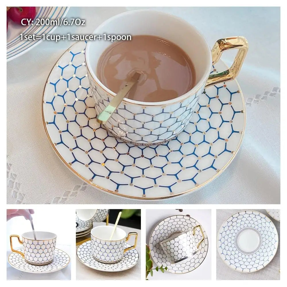 Taza de café de porcelana de hueso europeo, juego de cuchara y platillo, Taza de cerámica de lujo de 200ml, taza de té de porcelana de alta calidad, artículos para beber para fiesta y café
