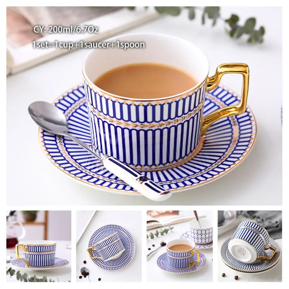 Taza de café de porcelana de hueso europeo, juego de cuchara y platillo, Taza de cerámica de lujo de 200ml, taza de té de porcelana de alta calidad, artículos para beber para fiesta y café