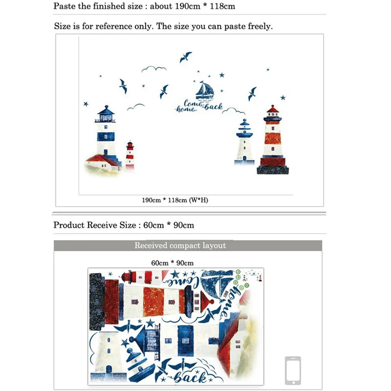 Pegatinas de pared de faro de velero de mar, decoración de fondo, dormitorio, sala de estar, TV, sofá, Mural, papel tapiz, calcomanías artísticas