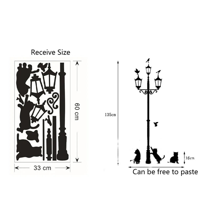 Pegatina de pared de dibujos animados de gatos y pájaros para decoración del hogar, calcomanías de papel tapiz para habitación de niños, lámpara antigua Popular, bricolaje creativo
