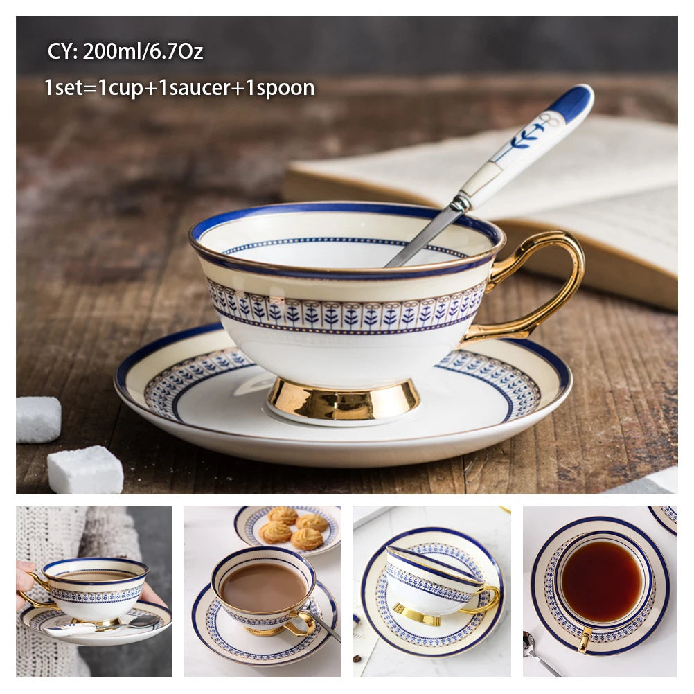 Taza de café de porcelana de hueso europeo, juego de cuchara y platillo, Taza de cerámica de lujo de 200ml, taza de té de porcelana de alta calidad, artículos para beber para fiesta y café