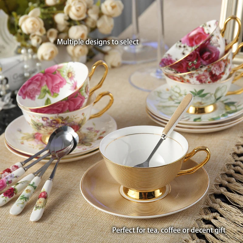 Taza de café de porcelana de hueso europeo, juego de cuchara y platillo, Taza de cerámica de lujo de 200ml, taza de té de porcelana de alta calidad, artículos para beber para fiesta y café