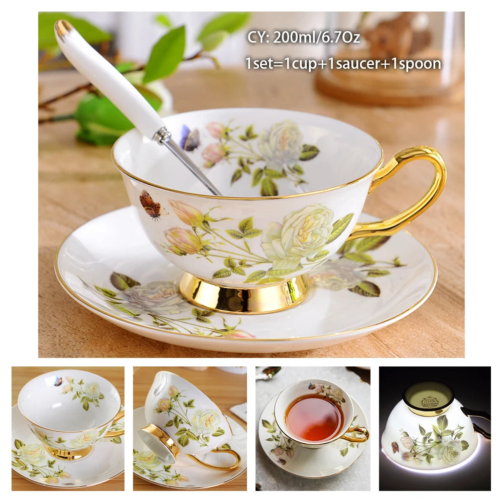 Taza de café de porcelana de hueso europeo, juego de cuchara y platillo, Taza de cerámica de lujo de 200ml, taza de té de porcelana de alta calidad, artículos para beber para fiesta y café
