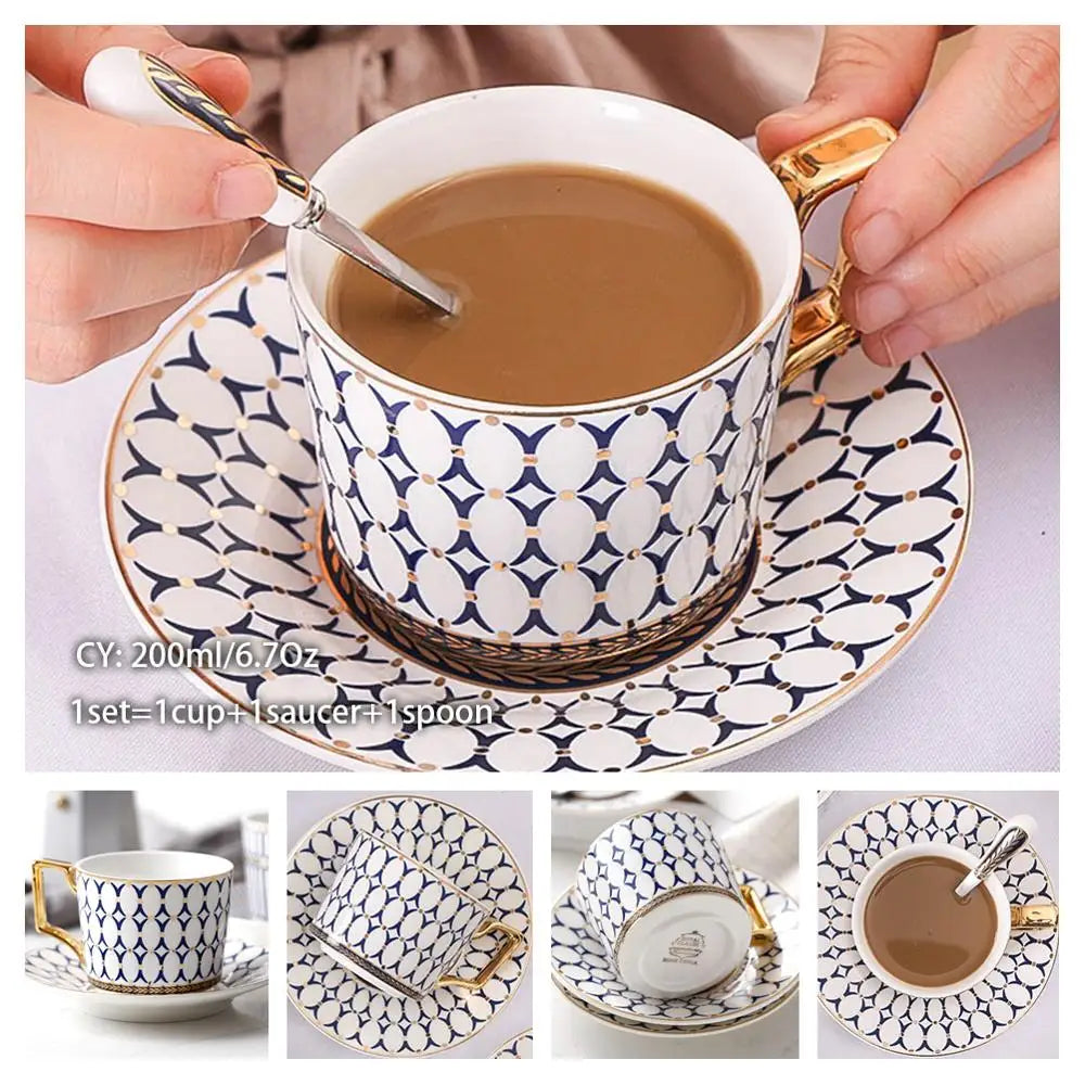 Taza de café de porcelana de hueso europeo, juego de cuchara y platillo, Taza de cerámica de lujo de 200ml, taza de té de porcelana de alta calidad, artículos para beber para fiesta y café