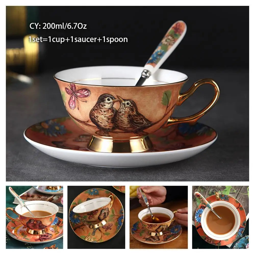 Taza de café de porcelana de hueso europeo, juego de cuchara y platillo, Taza de cerámica de lujo de 200ml, taza de té de porcelana de alta calidad, artículos para beber para fiesta y café