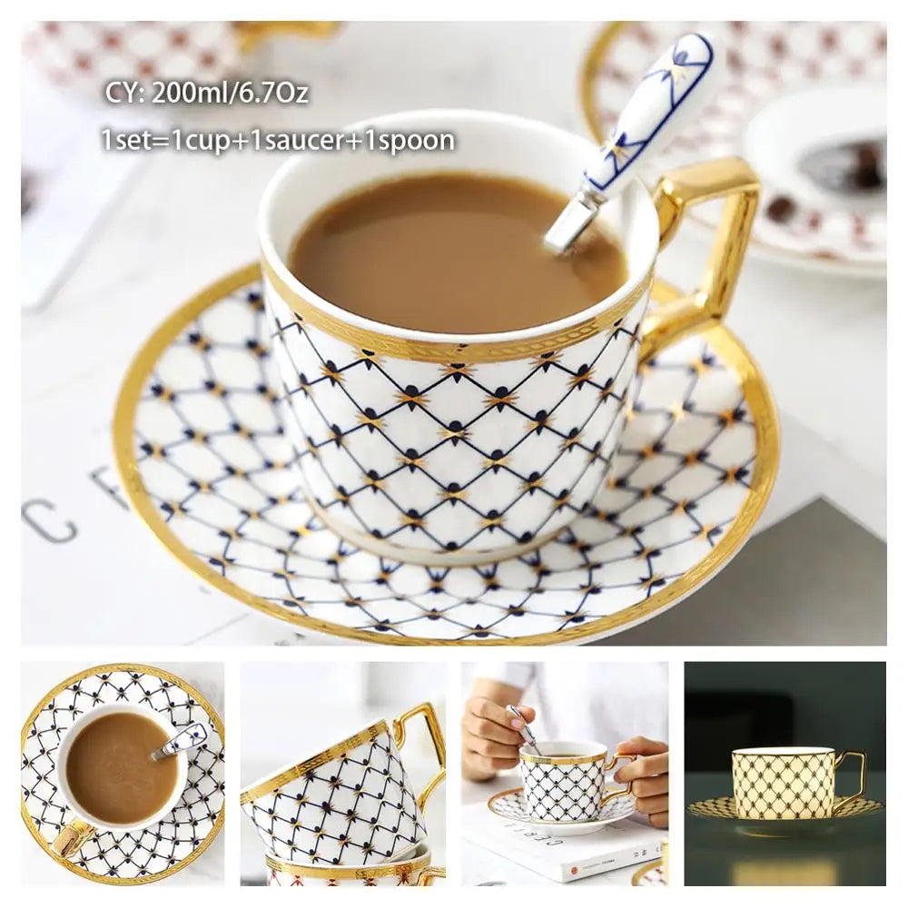 Taza de café de porcelana de hueso europeo, juego de cuchara y platillo, Taza de cerámica de lujo de 200ml, taza de té de porcelana de alta calidad, artículos para beber para fiesta y café