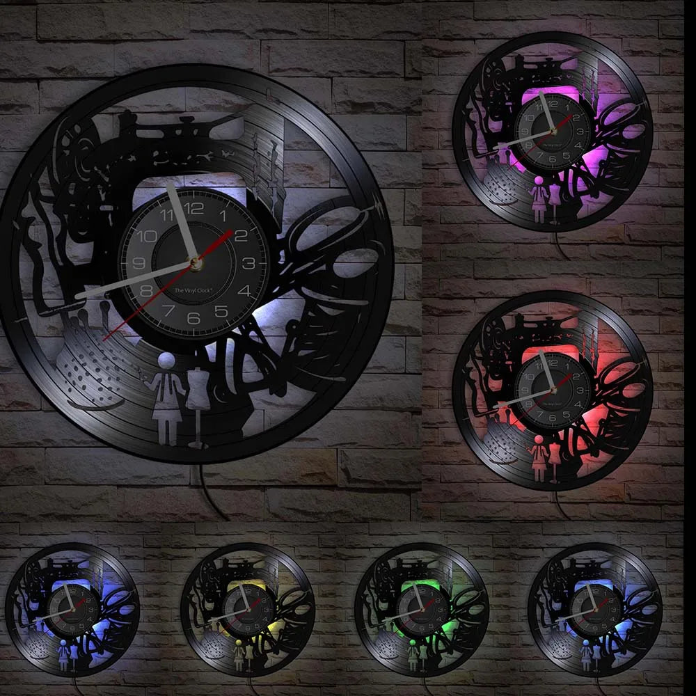 Reloj de pared de máquina de coser Vintage, Vinilo acolchado de disco de arte de pared, decoración de tienda de moda, letrero de pared, Idea de regalo Retro