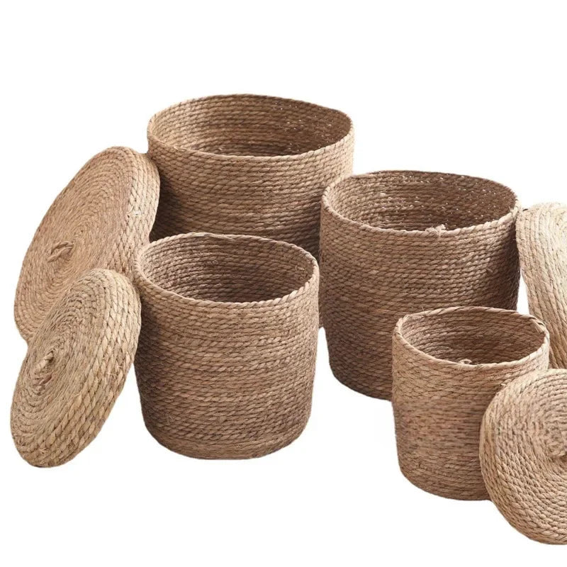 Nordic Rattan Woven Dirty Clothes Basket Handmade Toys Sundries Snacks Storage Box Cloakroom With Cover Storage Basket