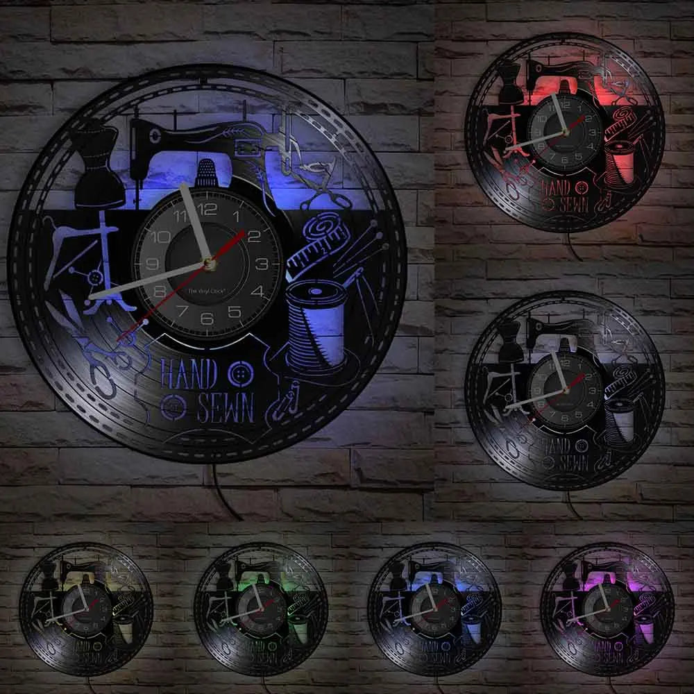 Reloj de pared de máquina de coser Vintage, Vinilo acolchado de disco de arte de pared, decoración de tienda de moda, letrero de pared, Idea de regalo Retro