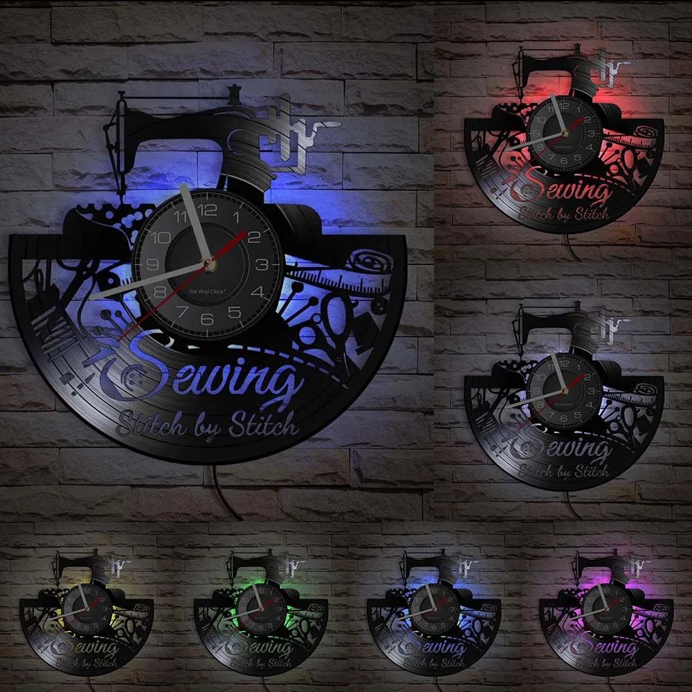Reloj de pared de máquina de coser Vintage, Vinilo acolchado de disco de arte de pared, decoración de tienda de moda, letrero de pared, Idea de regalo Retro