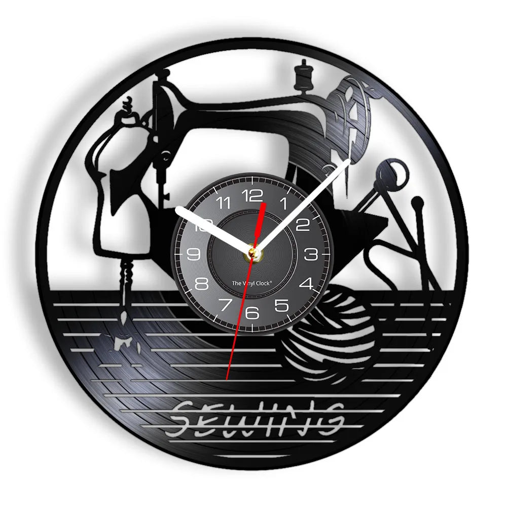 Reloj de pared de máquina de coser Vintage, Vinilo acolchado de disco de arte de pared, decoración de tienda de moda, letrero de pared, Idea de regalo Retro