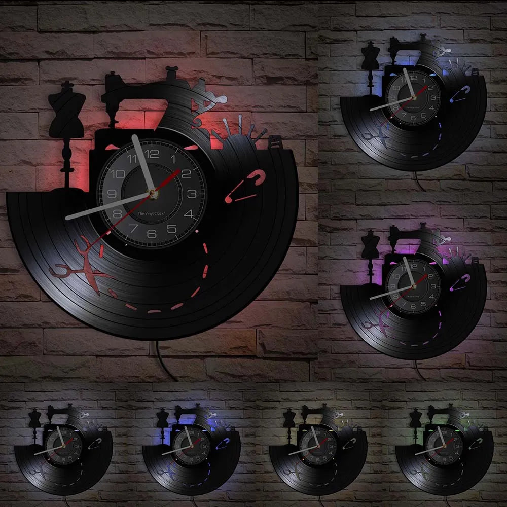 Reloj de pared de máquina de coser Vintage, Vinilo acolchado de disco de arte de pared, decoración de tienda de moda, letrero de pared, Idea de regalo Retro