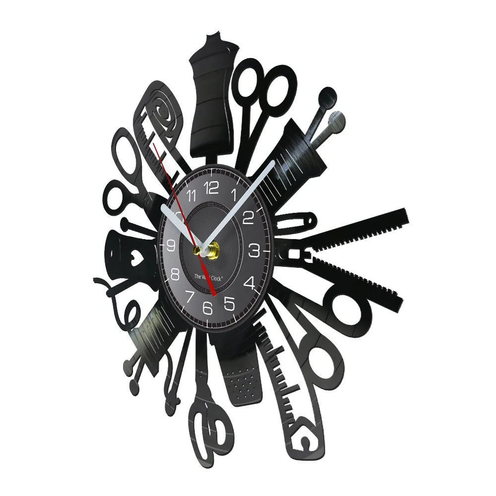 Reloj de pared de máquina de coser Vintage, Vinilo acolchado de disco de arte de pared, decoración de tienda de moda, letrero de pared, Idea de regalo Retro