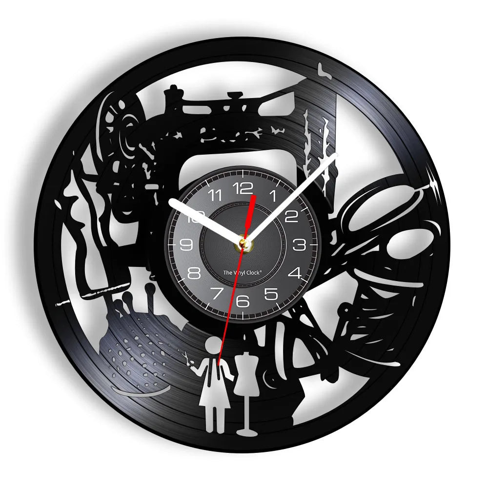 Reloj de pared de máquina de coser Vintage, Vinilo acolchado de disco de arte de pared, decoración de tienda de moda, letrero de pared, Idea de regalo Retro