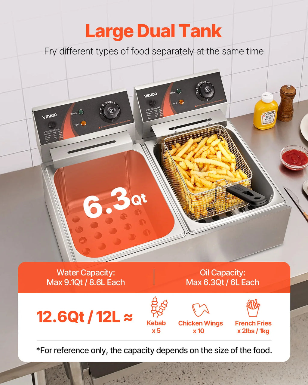 Freidoras eléctricas SucceBuy de 12L y 5000W, tanques dobles con cesta doble y tapa, freidora de grasa doble, Control de temperatura ajustable