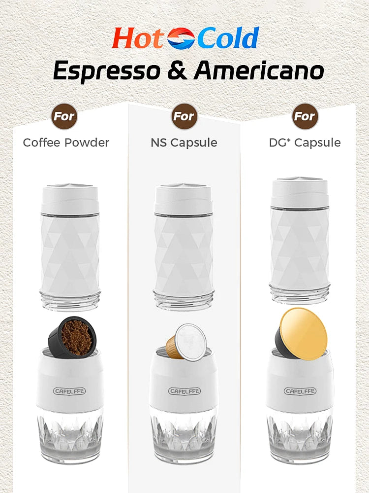 Cafelffe-cafetera portátil 3 en 1, máquina de café expreso Manual de agua caliente/fría para cápsulas y prensa Manual molida, cafetera para senderismo y viajes