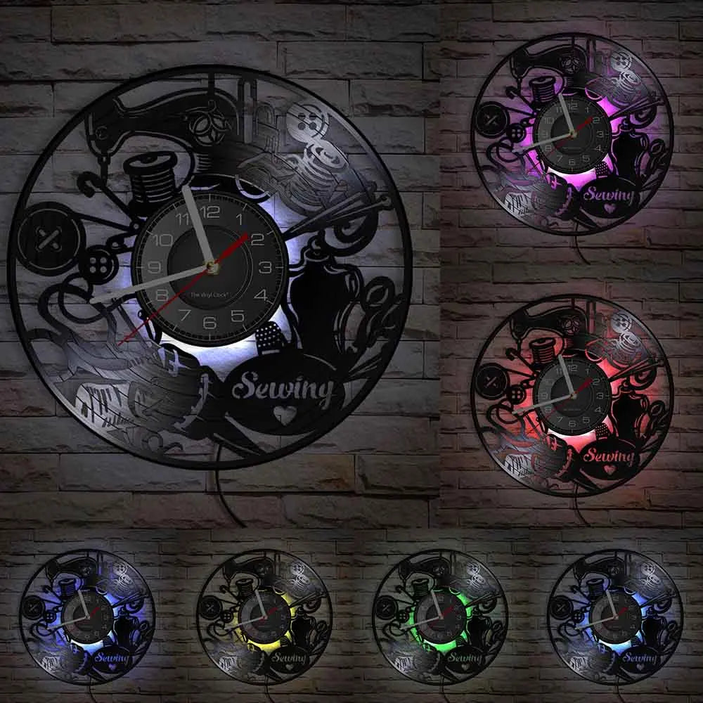 Reloj de pared de máquina de coser Vintage, Vinilo acolchado de disco de arte de pared, decoración de tienda de moda, letrero de pared, Idea de regalo Retro