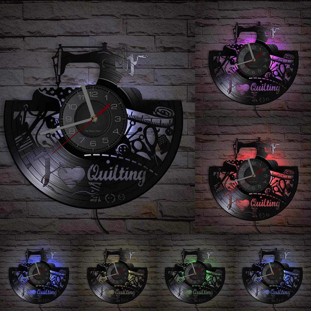 Reloj de pared de máquina de coser Vintage, Vinilo acolchado de disco de arte de pared, decoración de tienda de moda, letrero de pared, Idea de regalo Retro