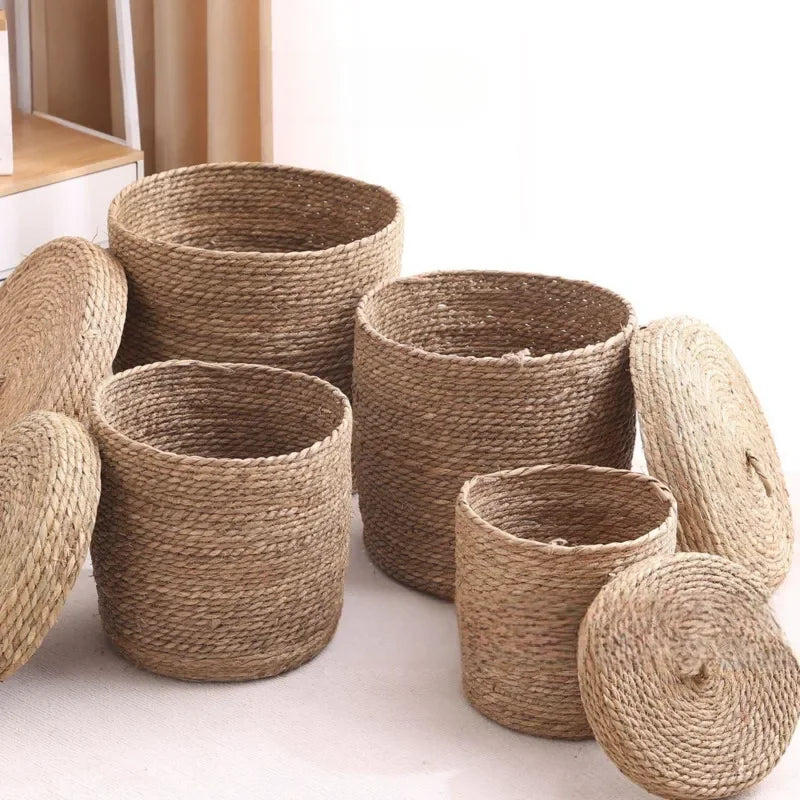 Nordic Rattan Woven Dirty Clothes Basket Handmade Toys Sundries Snacks Storage Box Cloakroom With Cover Storage Basket