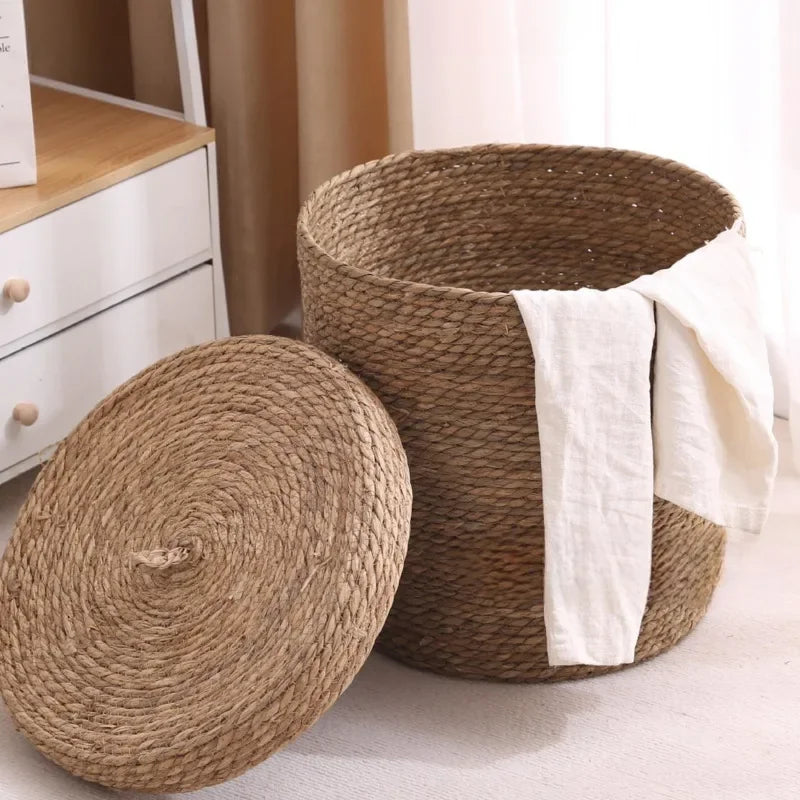 Nordic Rattan Woven Dirty Clothes Basket Handmade Toys Sundries Snacks Storage Box Cloakroom With Cover Storage Basket