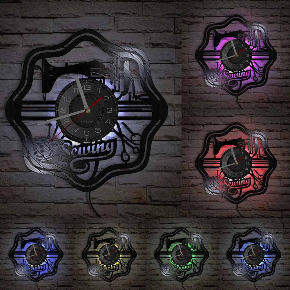 Reloj de pared de máquina de coser Vintage, Vinilo acolchado de disco de arte de pared, decoración de tienda de moda, letrero de pared, Idea de regalo Retro