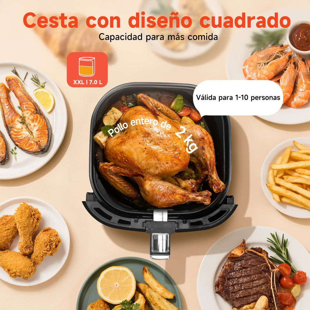 Freidora de Aire 7L, Pantalla LED Táctil, 8 Funciones, Tiempo y Temperatura Ajustables, Cesta Antiadherente Extraíble, 1900W