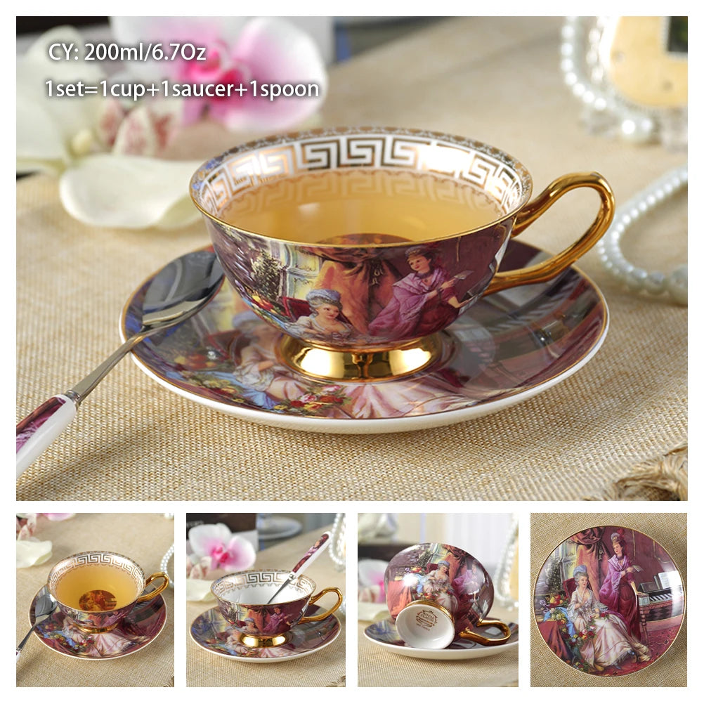 Taza de café de porcelana de hueso europeo, juego de cuchara y platillo, Taza de cerámica de lujo de 200ml, taza de té de porcelana de alta calidad, artículos para beber para fiesta y café