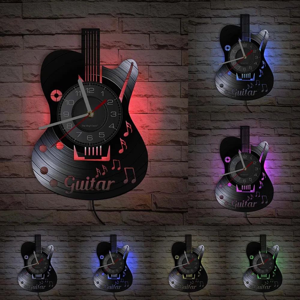 Reloj de pared de Arte de guitarra acústica, instrumento Musical, decoración de pared Interior del hogar, disco de vinilo, Rock n Roll, regalo Musical