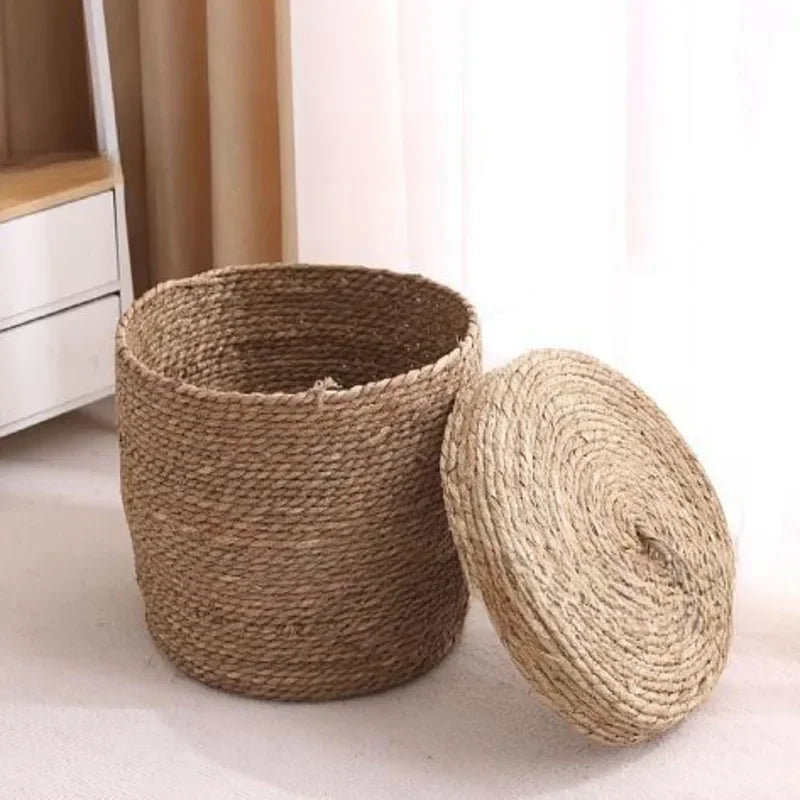Nordic Rattan Woven Dirty Clothes Basket Handmade Toys Sundries Snacks Storage Box Cloakroom With Cover Storage Basket