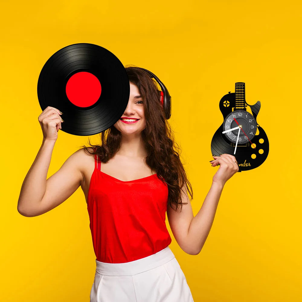 Reloj de pared de Arte de guitarra acústica, instrumento Musical, decoración de pared Interior del hogar, disco de vinilo, Rock n Roll, regalo Musical