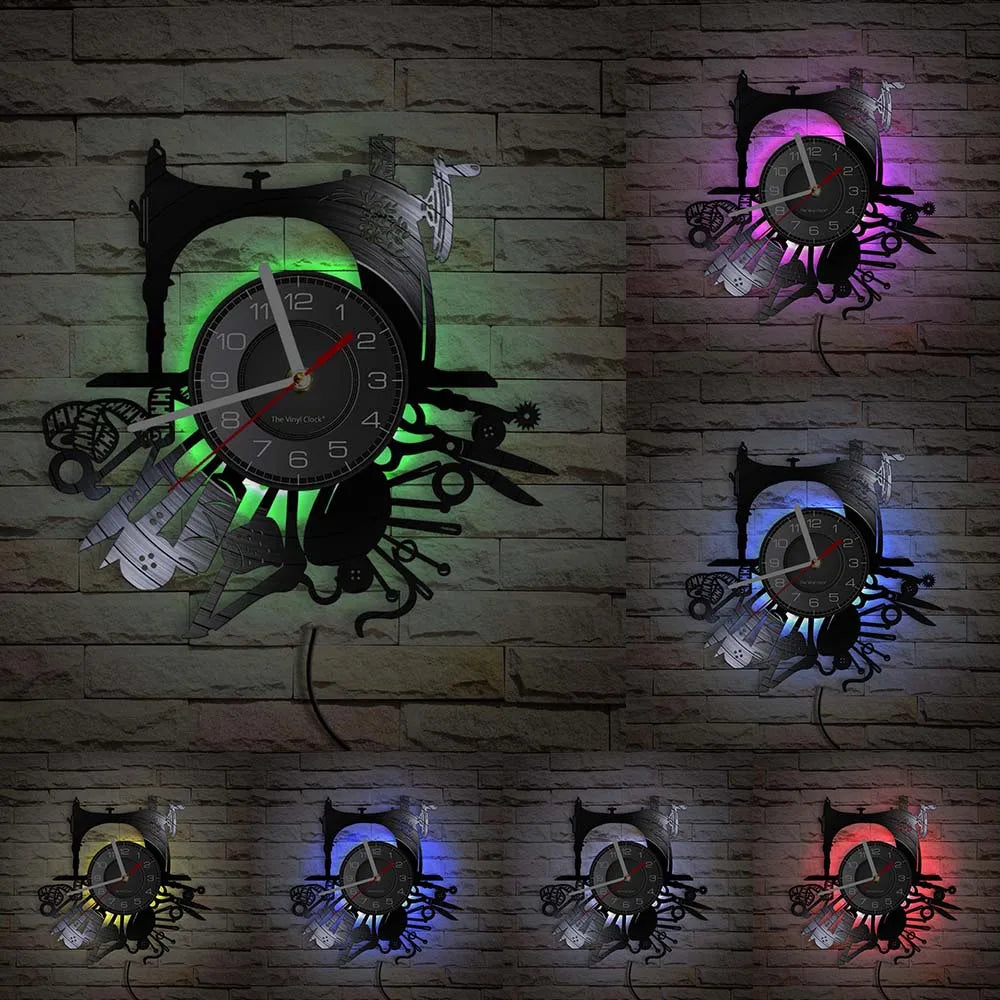 Reloj de pared de máquina de coser Vintage, Vinilo acolchado de disco de arte de pared, decoración de tienda de moda, letrero de pared, Idea de regalo Retro