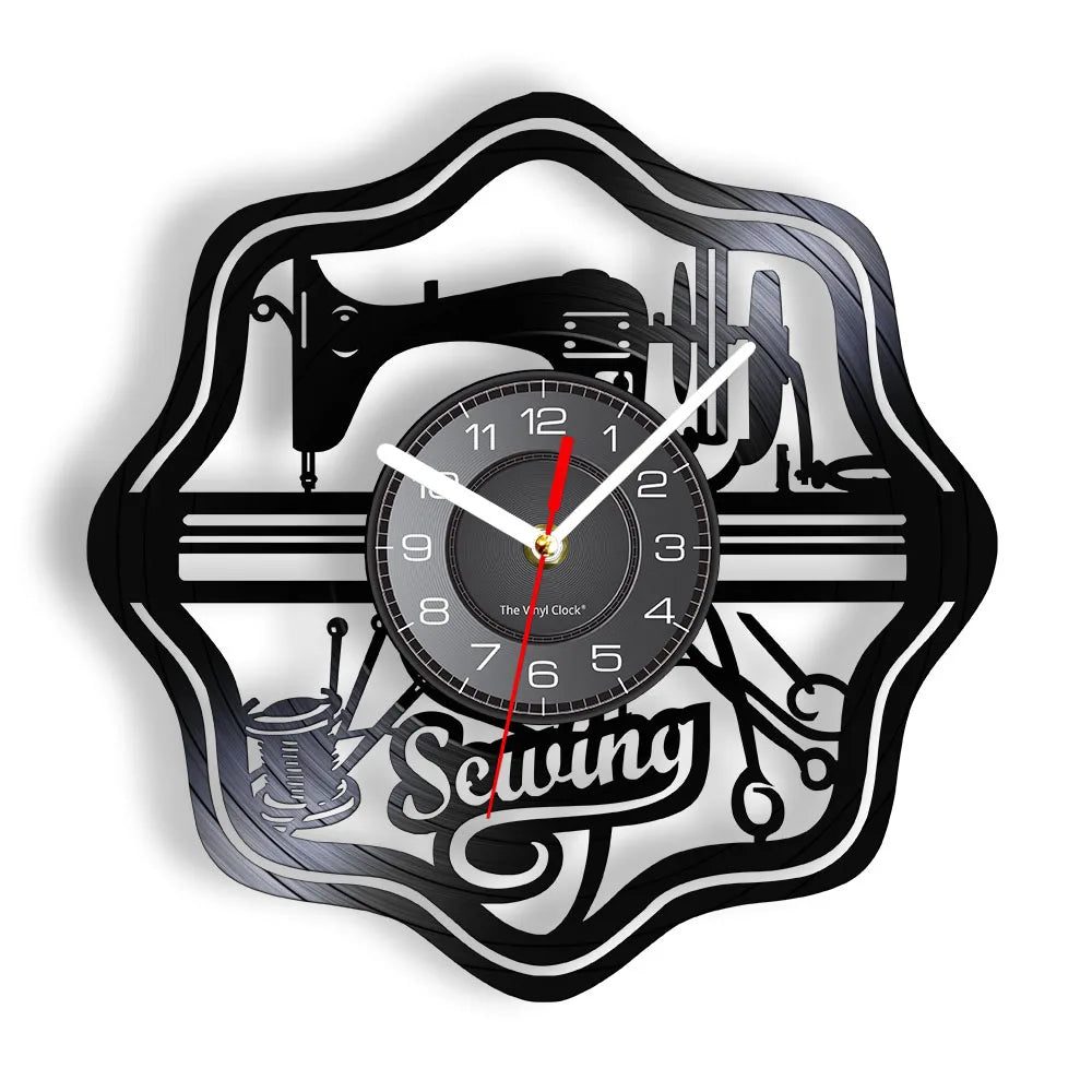 Reloj de pared de máquina de coser Vintage, Vinilo acolchado de disco de arte de pared, decoración de tienda de moda, letrero de pared, Idea de regalo Retro