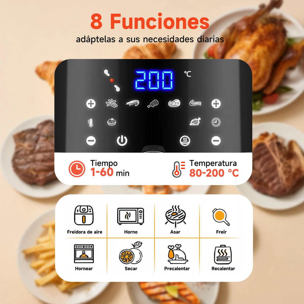 Freidora de Aire 7L, Pantalla LED Táctil, 8 Funciones, Tiempo y Temperatura Ajustables, Cesta Antiadherente Extraíble, 1900W