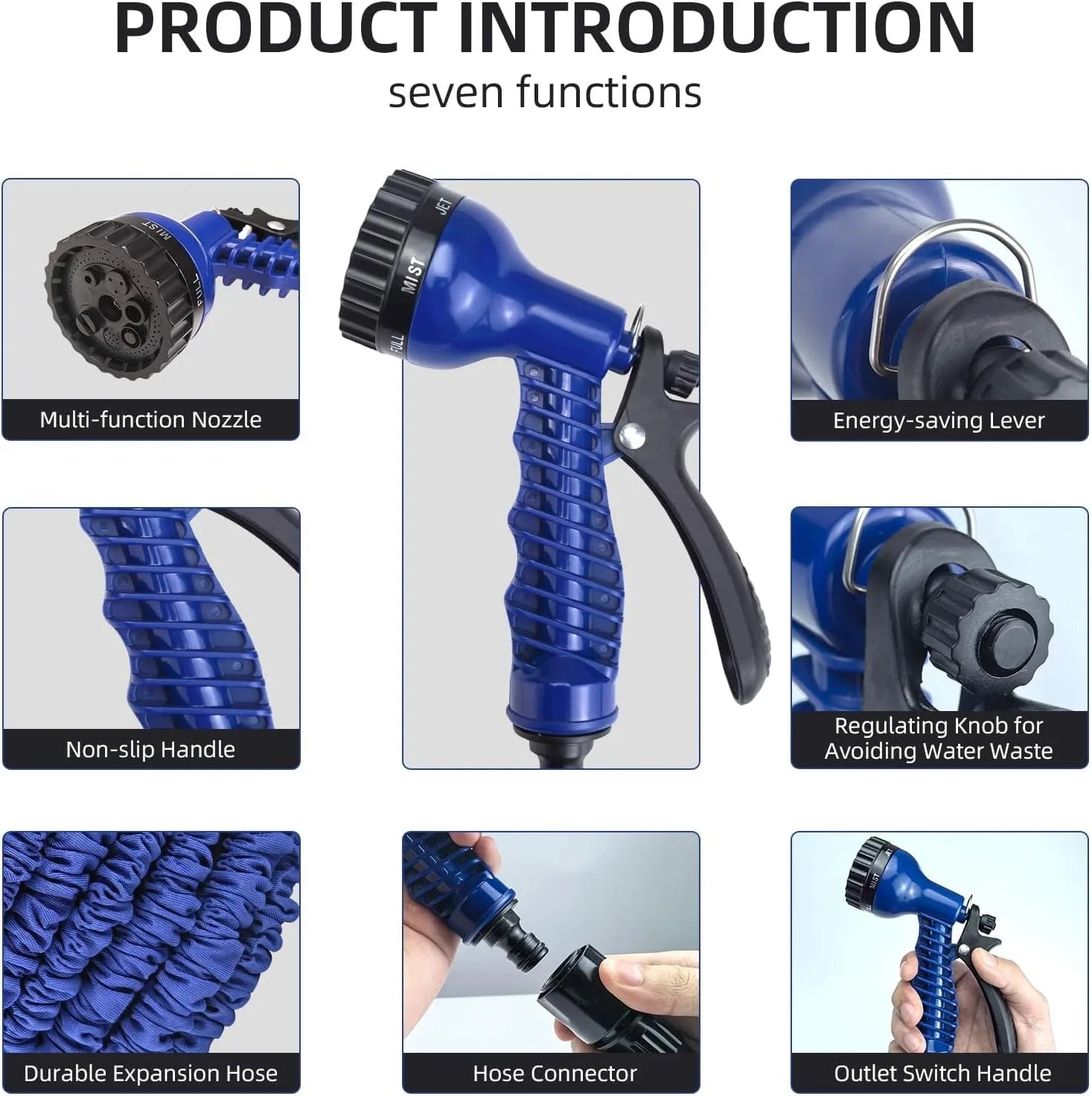 Manguera de jardín expandible de 100 pies, manguera de agua flexible y liviana con boquilla de alta presión, duradera y sin enredos (azul)