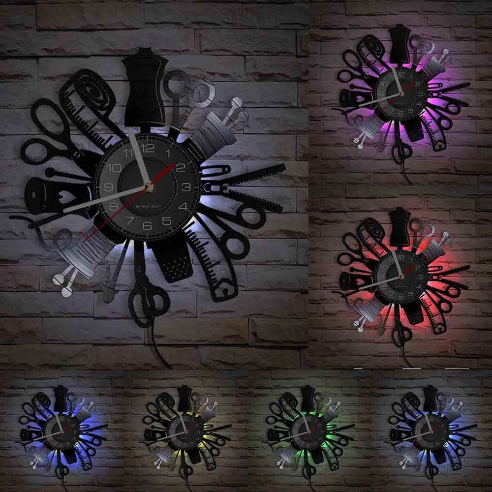 Reloj de pared de máquina de coser Vintage, Vinilo acolchado de disco de arte de pared, decoración de tienda de moda, letrero de pared, Idea de regalo Retro
