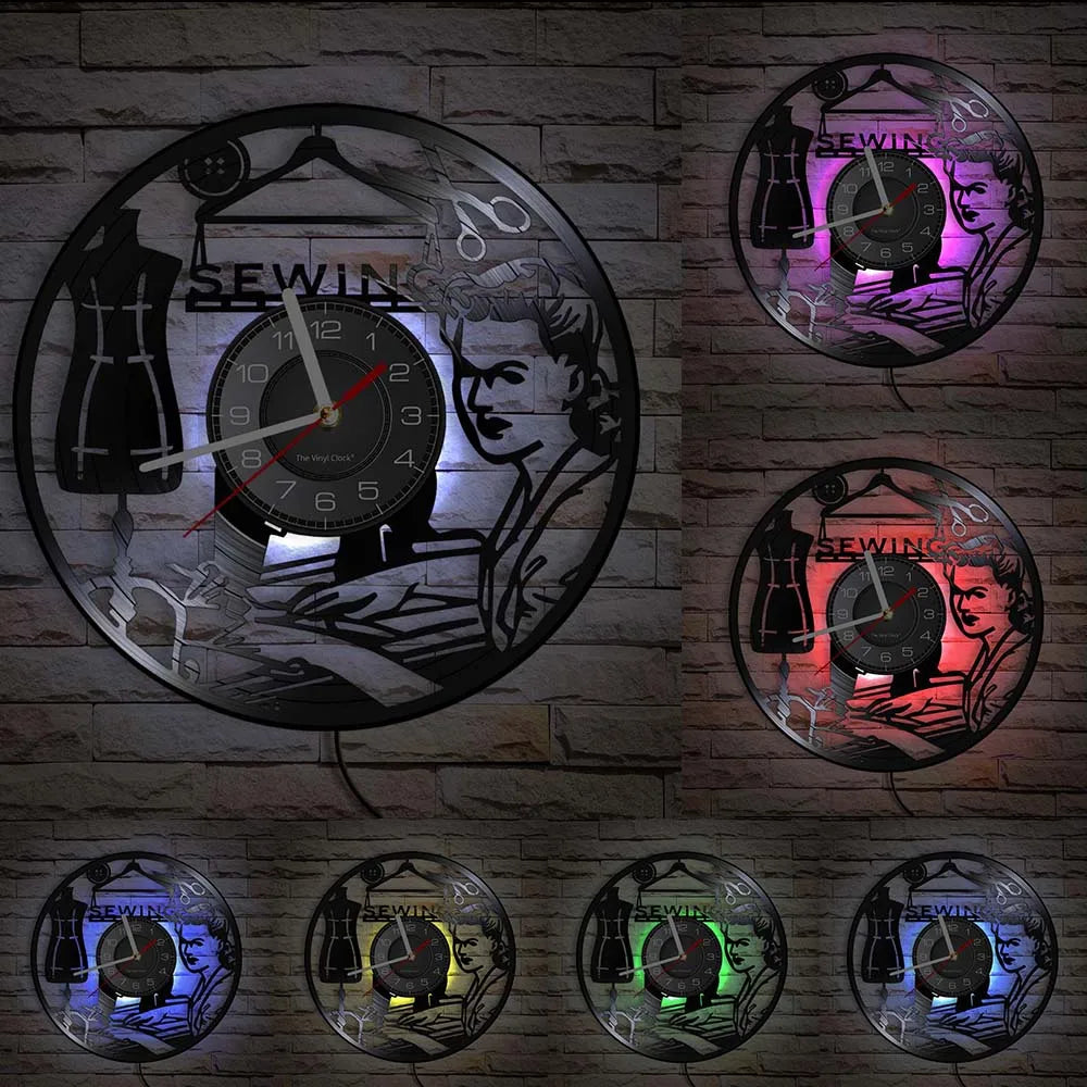 Reloj de pared de máquina de coser Vintage, Vinilo acolchado de disco de arte de pared, decoración de tienda de moda, letrero de pared, Idea de regalo Retro