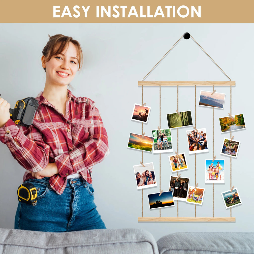 Decoración para colgar en la pared con exhibición de fotos, decoración bohemia para el hogar, cuentas de cuerda de algodón, tapiz de macramé para colgar en la pared, decoración romántica para habitación