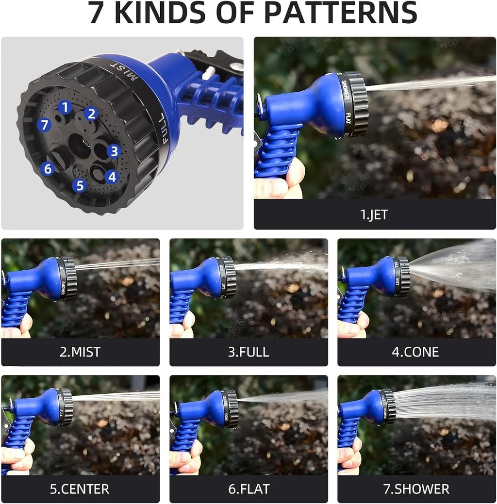 Manguera de jardín expandible de 100 pies, manguera de agua flexible y liviana con boquilla de alta presión, duradera y sin enredos (azul)