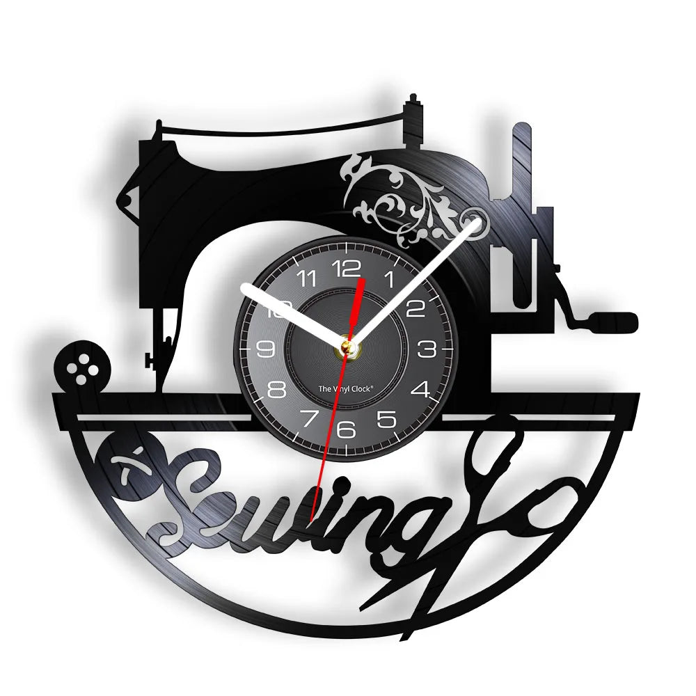 Reloj de pared de máquina de coser Vintage, Vinilo acolchado de disco de arte de pared, decoración de tienda de moda, letrero de pared, Idea de regalo Retro