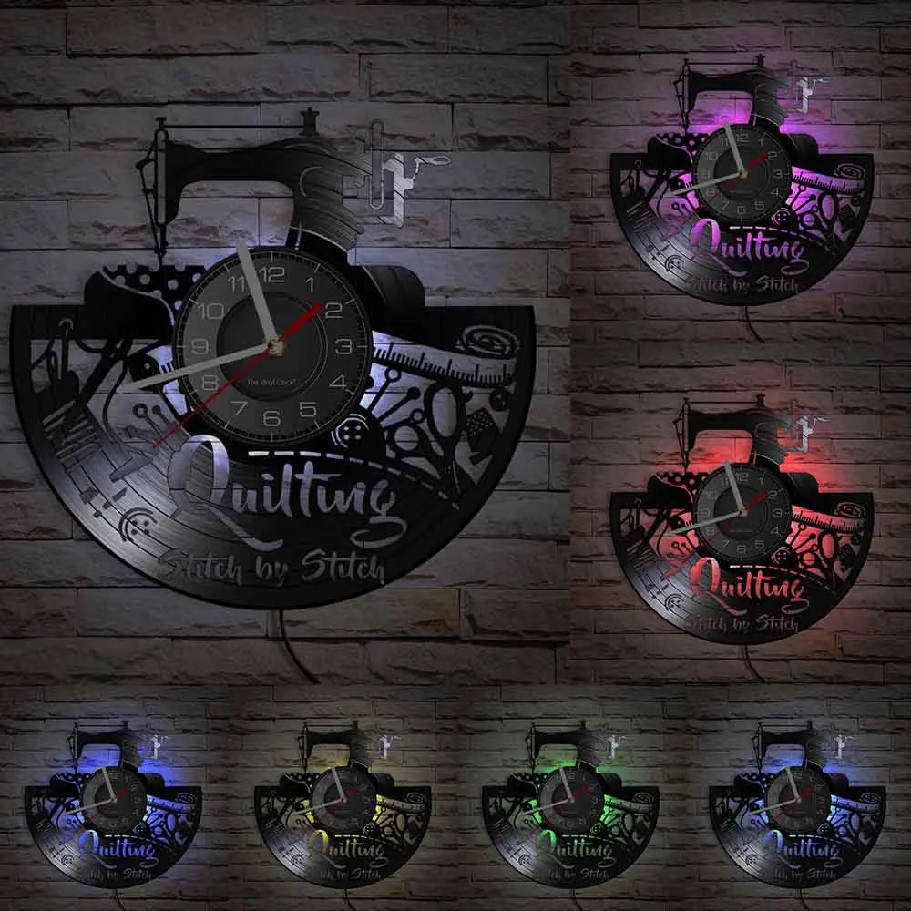 Reloj de pared de máquina de coser Vintage, Vinilo acolchado de disco de arte de pared, decoración de tienda de moda, letrero de pared, Idea de regalo Retro