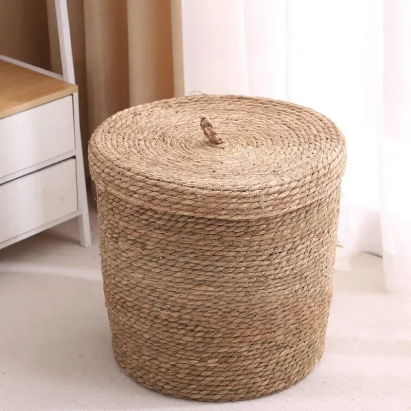 Nordic Rattan Woven Dirty Clothes Basket Handmade Toys Sundries Snacks Storage Box Cloakroom With Cover Storage Basket