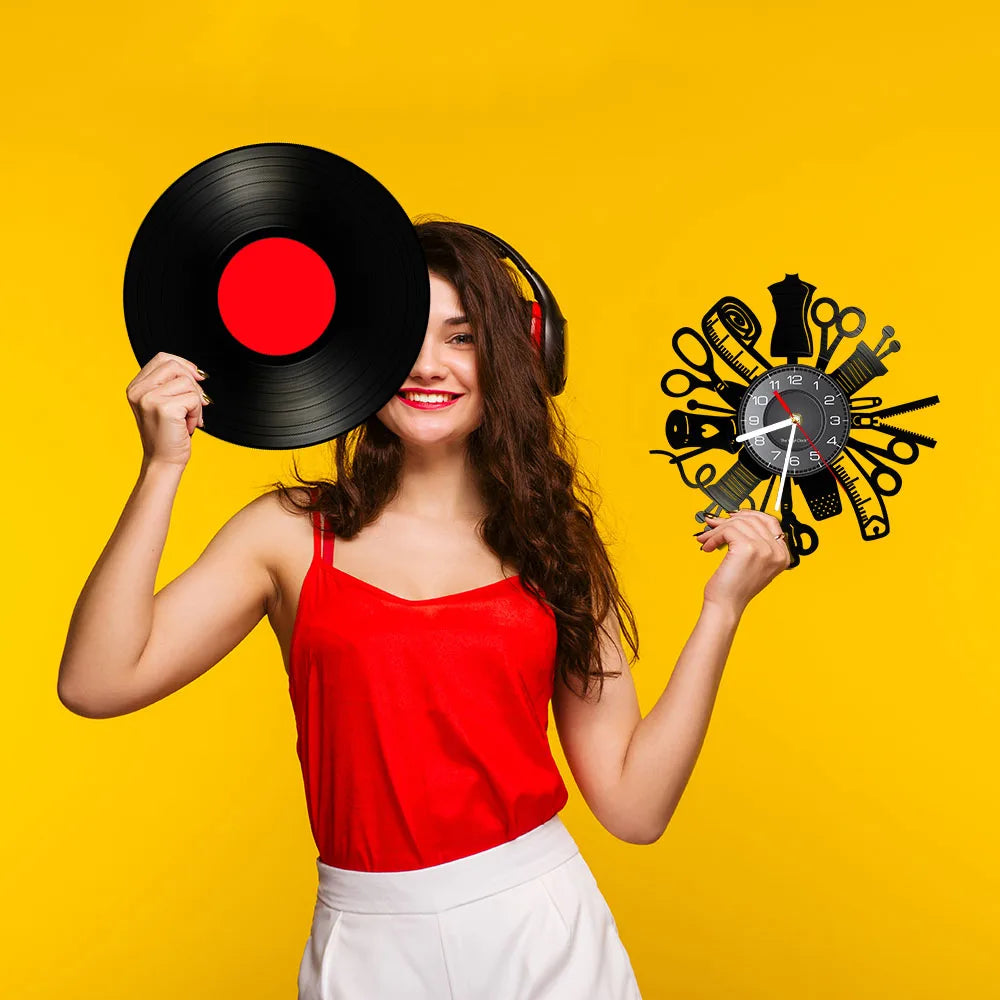 Reloj de pared de máquina de coser Vintage, Vinilo acolchado de disco de arte de pared, decoración de tienda de moda, letrero de pared, Idea de regalo Retro