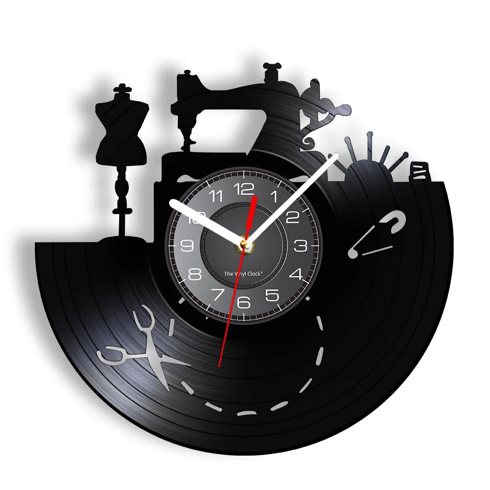 Reloj de pared de máquina de coser Vintage, Vinilo acolchado de disco de arte de pared, decoración de tienda de moda, letrero de pared, Idea de regalo Retro