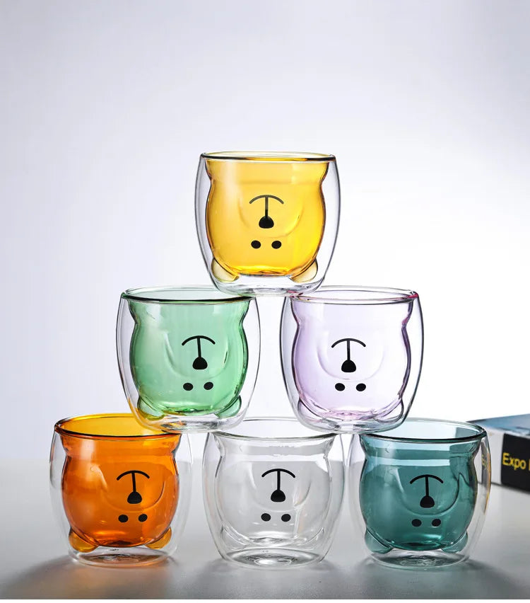 Tazas de vidrio de doble capa con diseño de oso lindo, vaso de vidrio de pared de 250ml, leche, café, té, jugo, regalo de aniversario del Día de San Valentín, envío directo