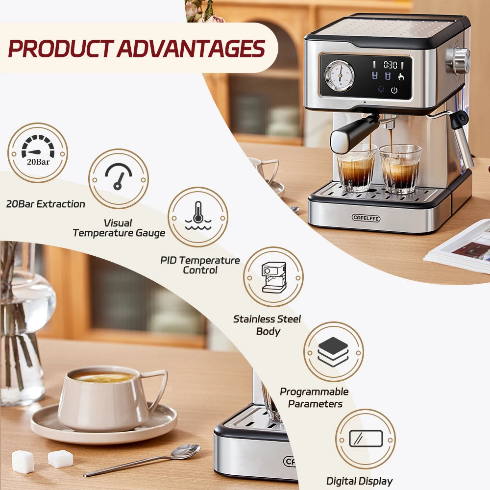Cafelffe-máquinas de café expreso de acero inoxidable con Espumador de leche, varita de vapor, máquina semiautomática para capuchino, cafetería de 20bar