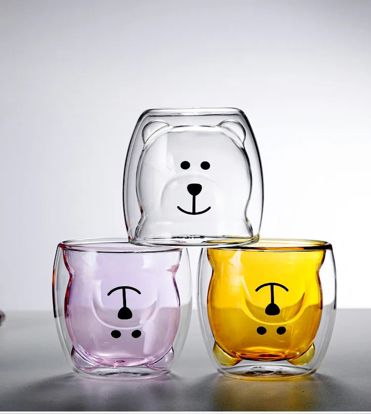Tazas de vidrio de doble capa con diseño de oso lindo, vaso de vidrio de pared de 250ml, leche, café, té, jugo, regalo de aniversario del Día de San Valentín, envío directo