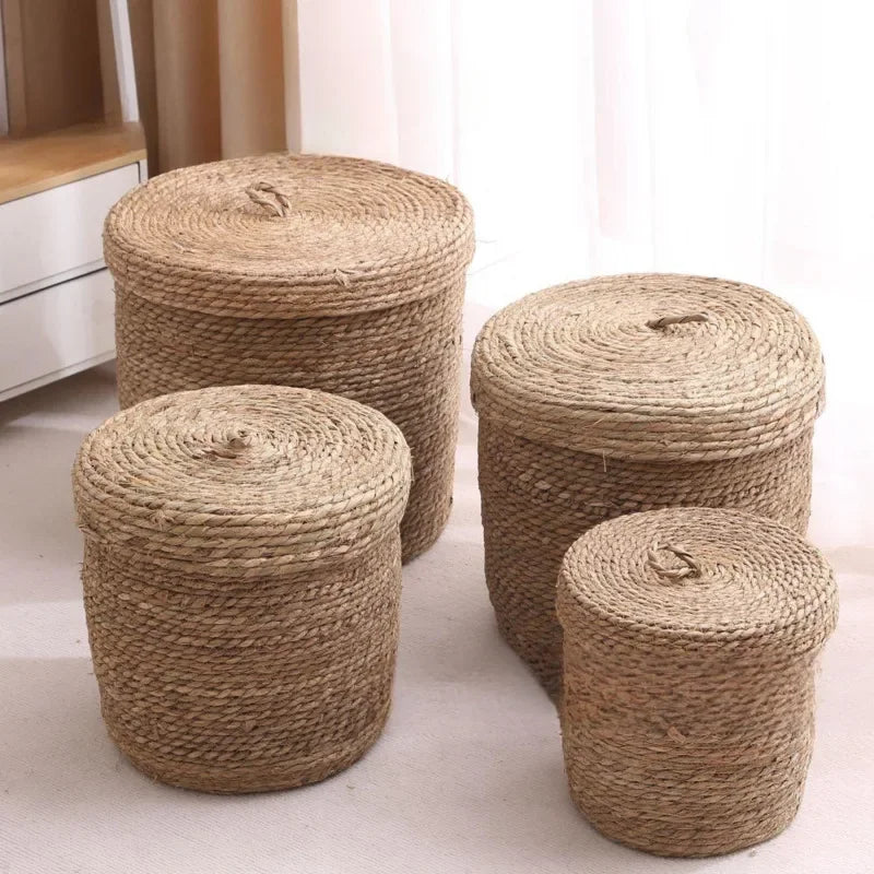 Nordic Rattan Woven Dirty Clothes Basket Handmade Toys Sundries Snacks Storage Box Cloakroom With Cover Storage Basket